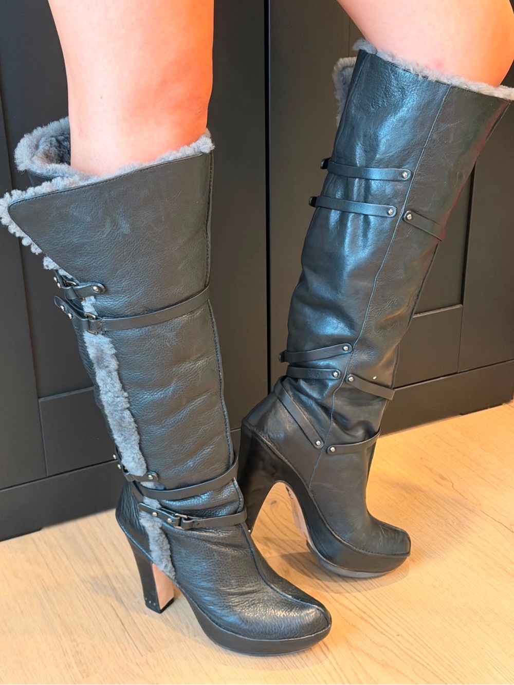 BCBGMaxAzria Black Tall Leather Shearling-Trim Heeled Boots - Picture 2 of 9